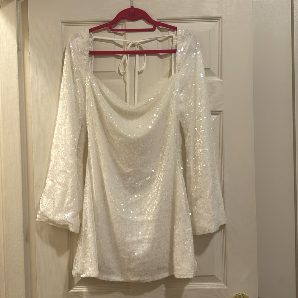 White, Sequin, Backless, Cowl Neck, Bachelorette Dress from Beginning Boutique!